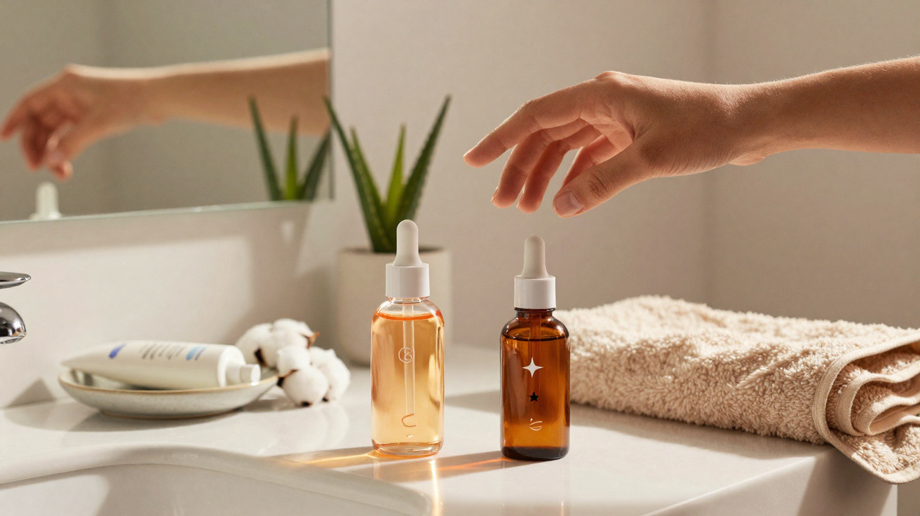 Hand reaching for a dropper bottle on a bathroom countertop with skincare products and a towel nearby.