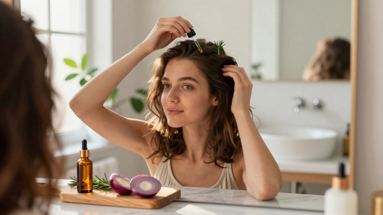 Woman applying hair oil with a dropper in front of a bathroom mirror, with onions and rosemary on the counter.