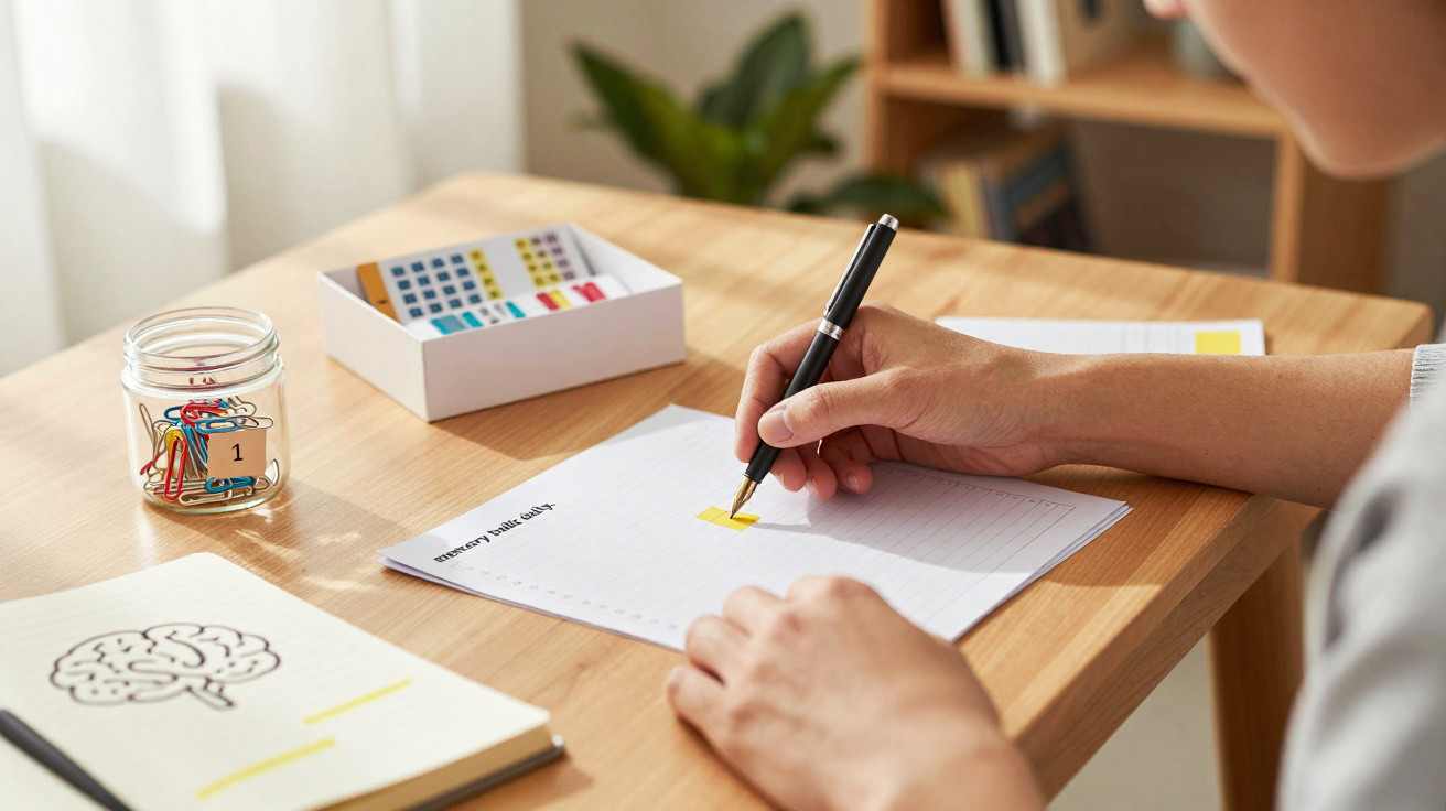 Person writing on a calendar with a pen at a desk with paperclips and a notebook showing a brain illustration.