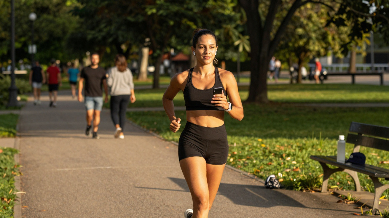 Woman in black sportswear jogging on a sunny park path with people walking and trees in the background.