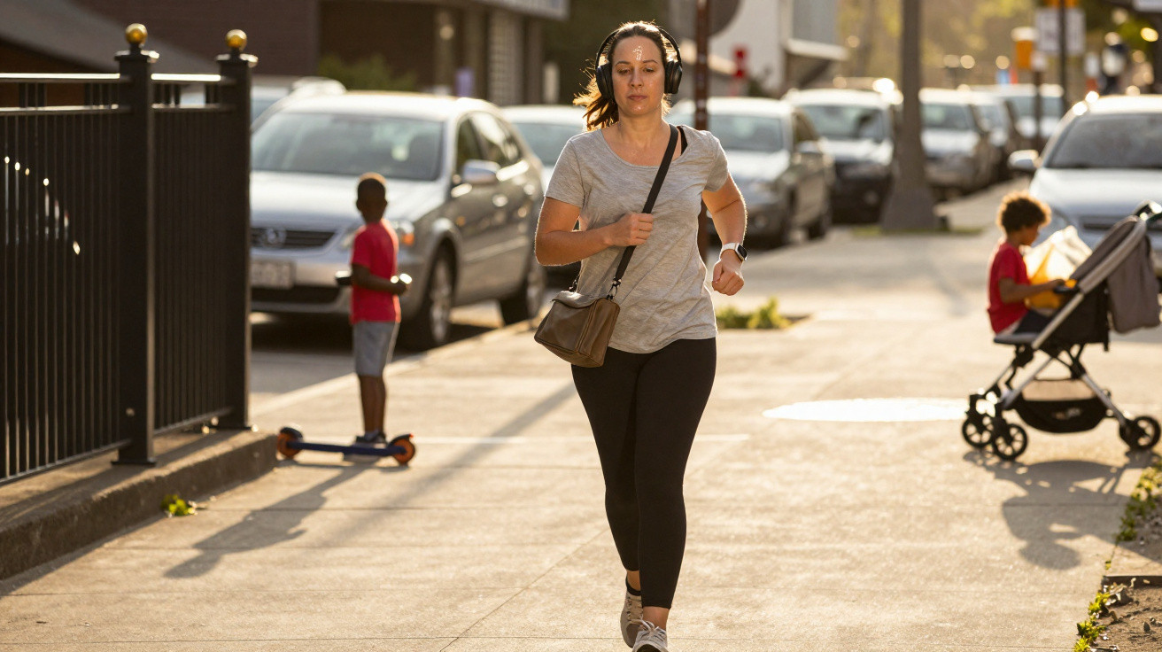 Woman jogging on sunny urban sidewalk with children playing and strollers in the background