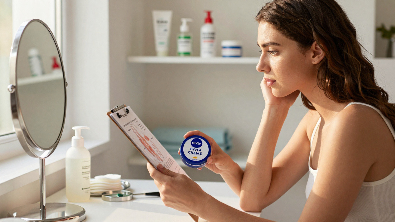 Woman in white vest holding a tin of Nivea cream while looking at a clipboard in a bright bathroom.