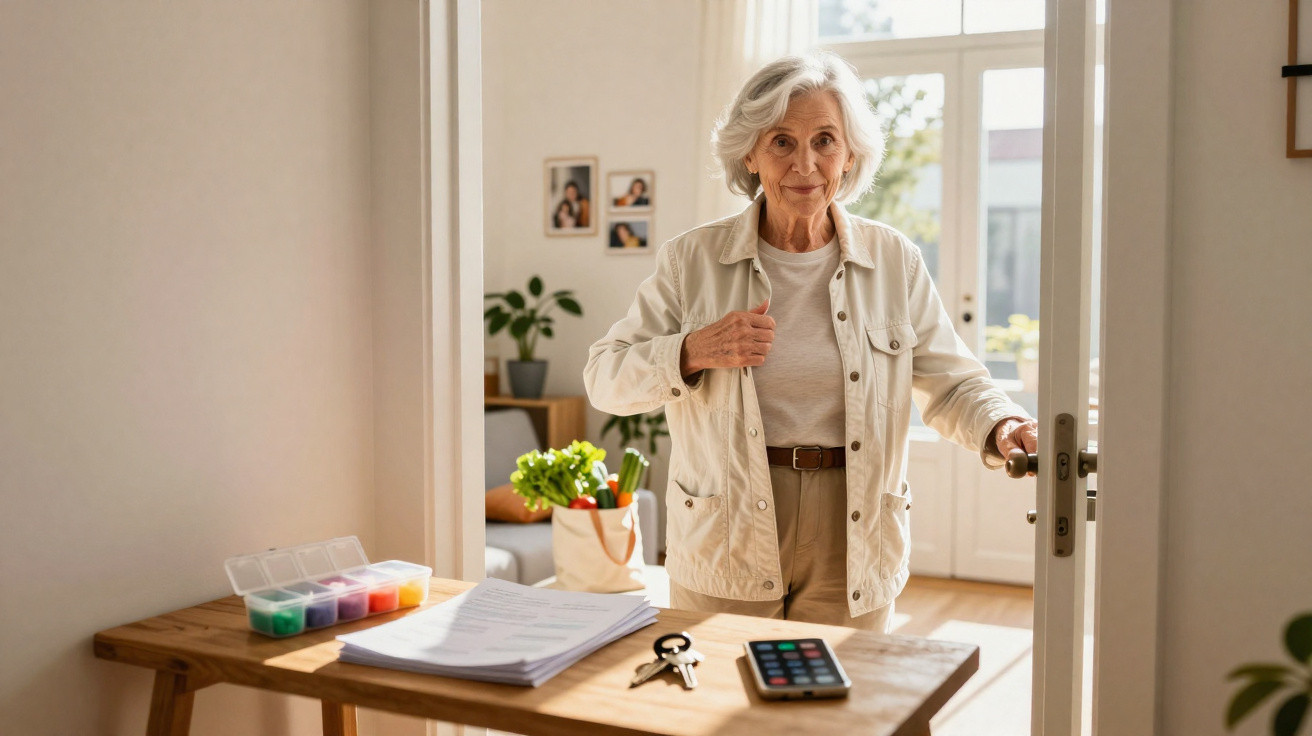 Elderly woman standing at a doorway in a bright room with papers, keys, and a phone on a wooden table.