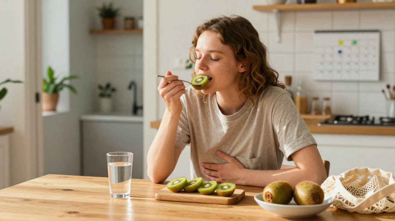 Young woman eating sliced kiwi at wooden kitchen table with a glass of water nearby