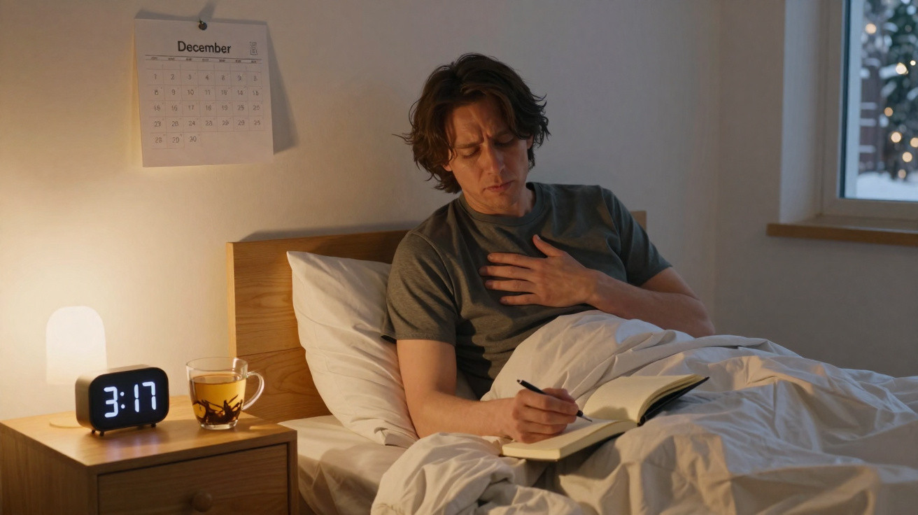 Man sitting in bed at 3:17 AM, holding chest and writing in a notebook, with a December calendar on the wall.
