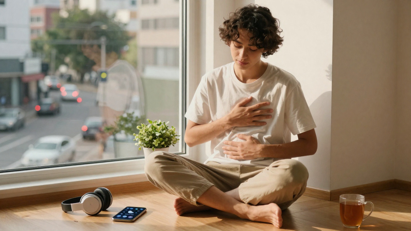 Young man sitting cross-legged by a window, holding his chest and stomach, with headphones, phone, plant, and tea nearby.