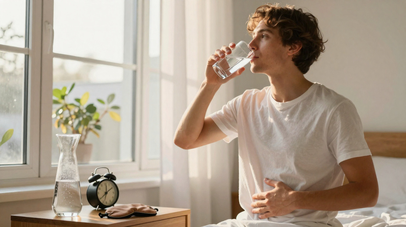 Young man in white t-shirt drinking water from a glass while sitting on a bed near a wooden nightstand.