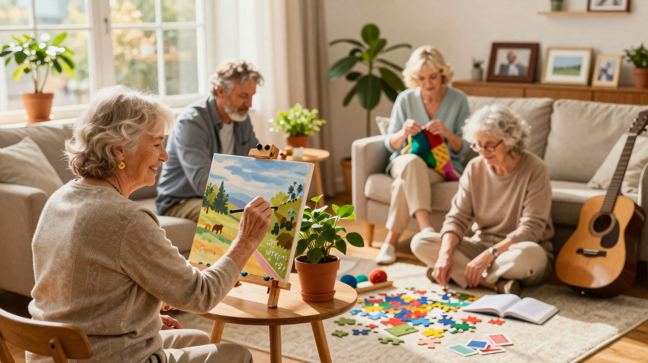 Group of elderly friends engaged in painting, knitting and puzzle activities in a sunlit living room.