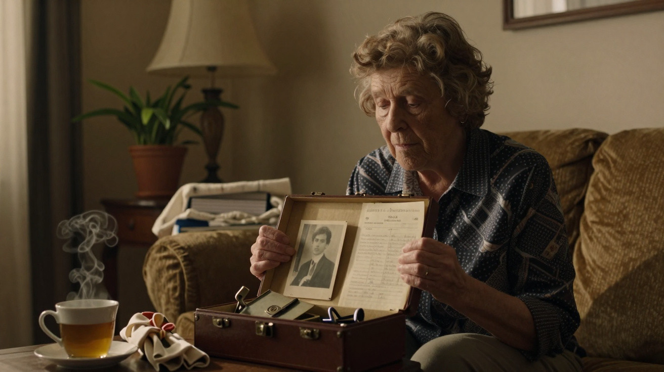 Elderly woman sitting on a sofa holding an open vintage suitcase with old photos and documents inside.