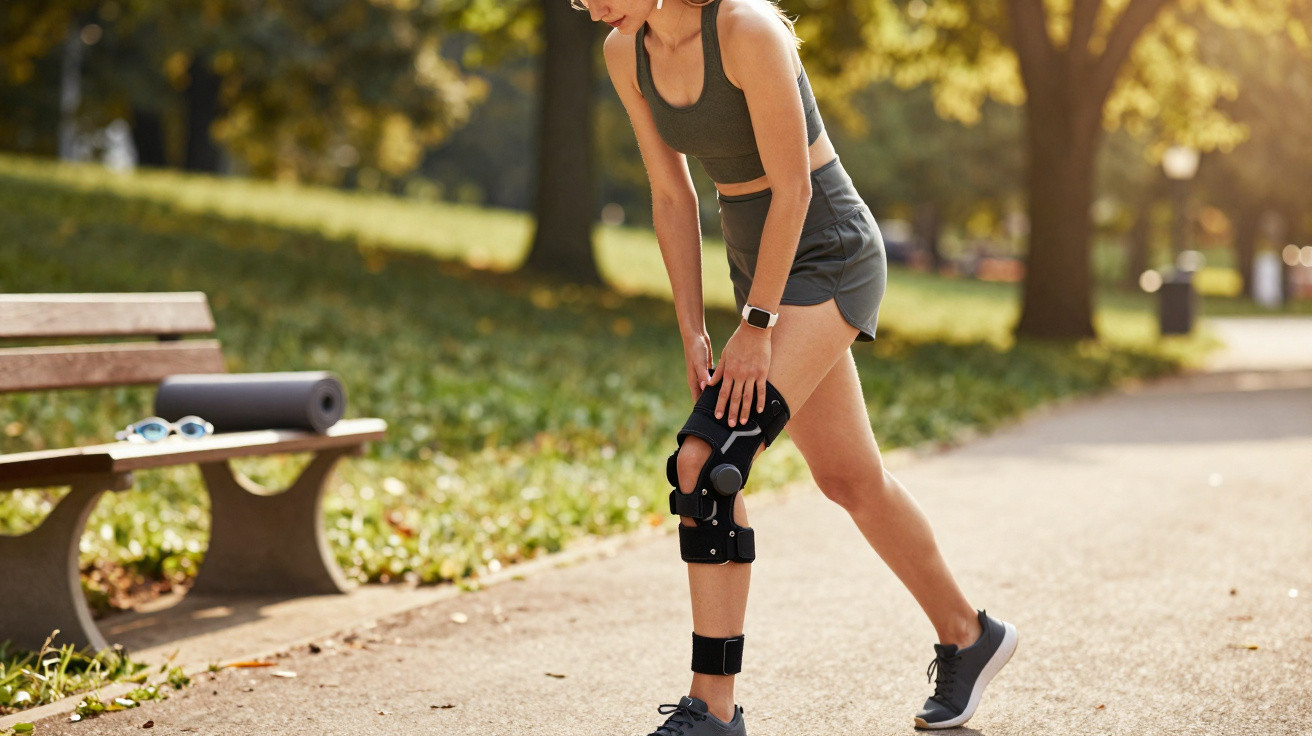 Woman wearing a knee brace stretches her injured leg on a park path beside a bench with fitness gear.