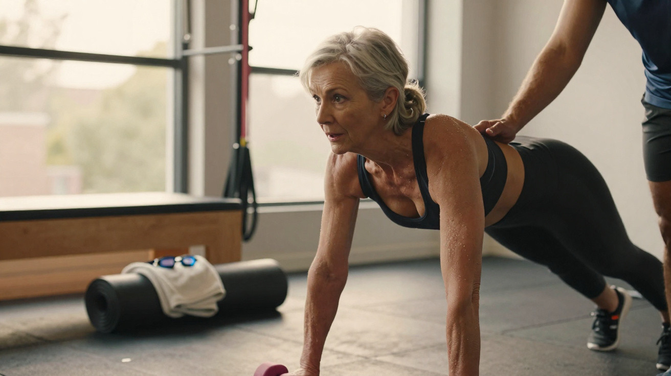 Older woman doing a plank exercise with trainer assistance in a gym with exercise equipment nearby