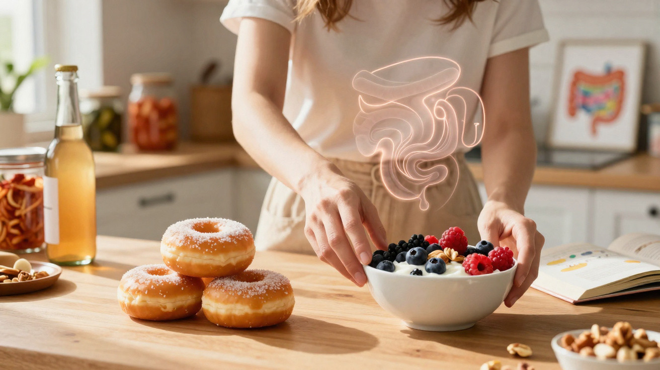 Person holding a bowl of berries and nuts with glowing digestive system illustration above in kitchen.