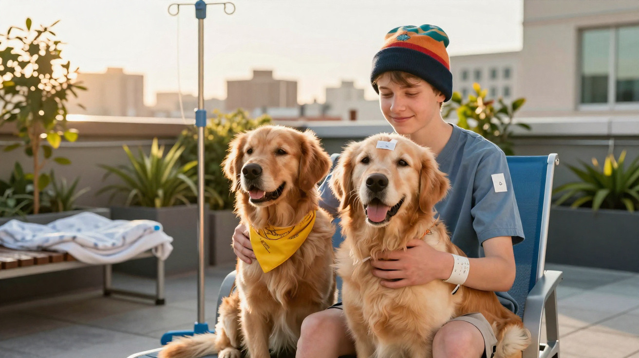 Teen boy wearing hospital wristband sits outdoors with two happy golden retrievers, one wearing a yellow bandana.