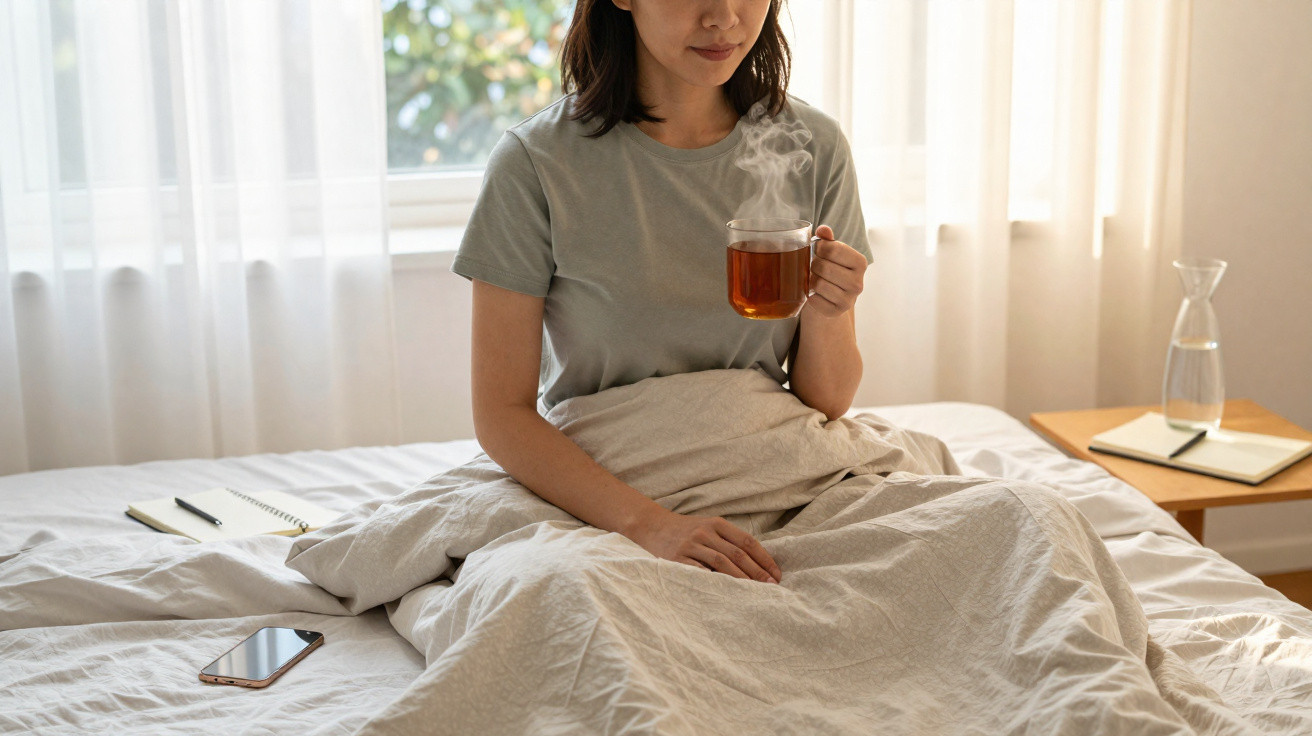 Woman sitting on bed wrapped in blanket, holding a steaming cup of tea in a softly lit room.