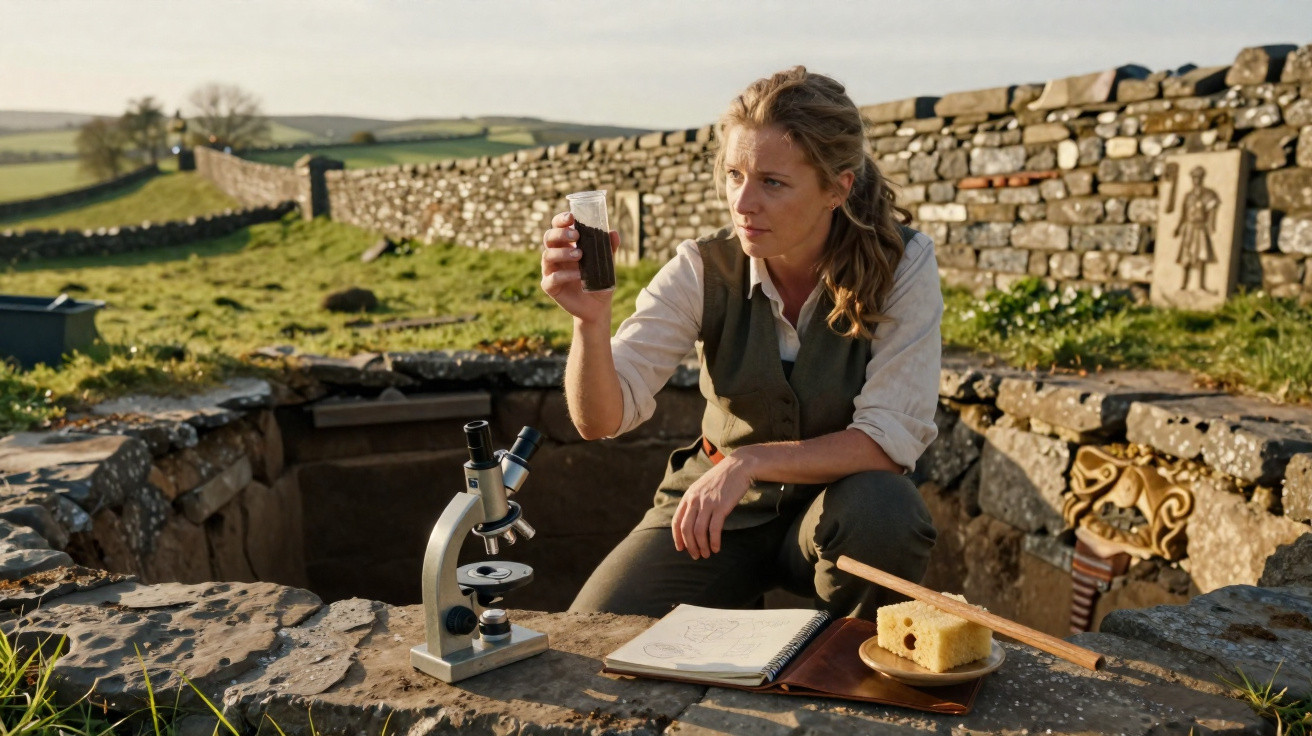 Woman examining a dark liquid in a glass by a stone wall with a microscope, notebook, and ancient artefacts outdoors.