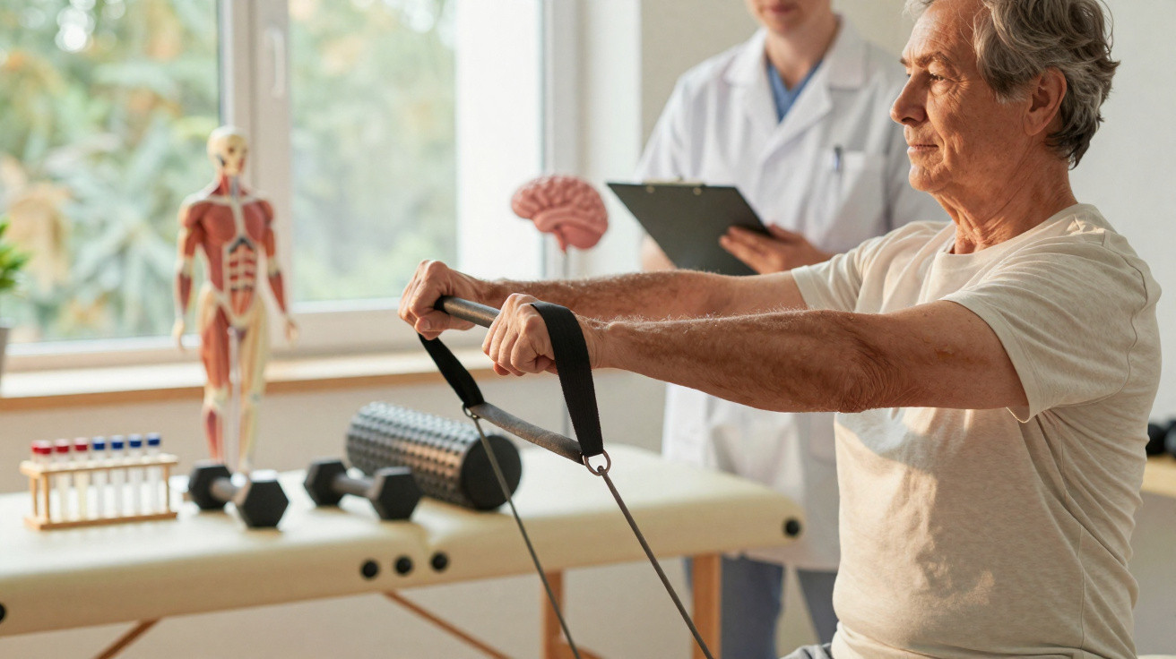 Elderly man performing resistance band exercises during a physiotherapy session with a healthcare professional.
