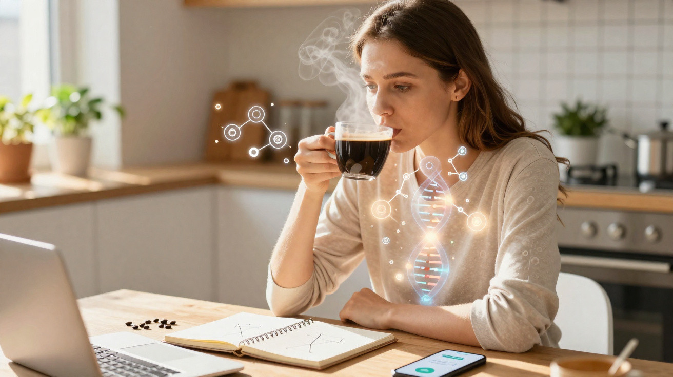 Woman drinking coffee at kitchen table with laptop and digital DNA and molecule graphics.