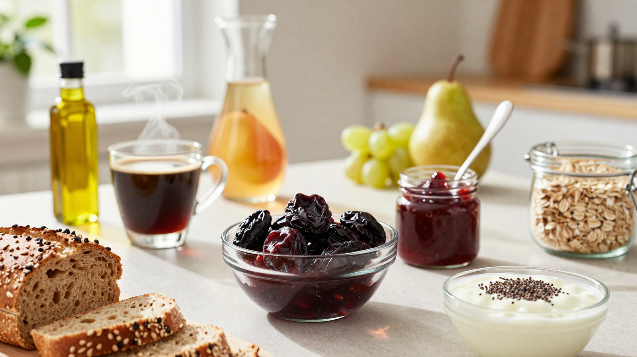 Assorted breakfast items including seeded bread, prunes, jam, yoghurt with chia seeds, grapes, pear, oats, coffee, olive oil,