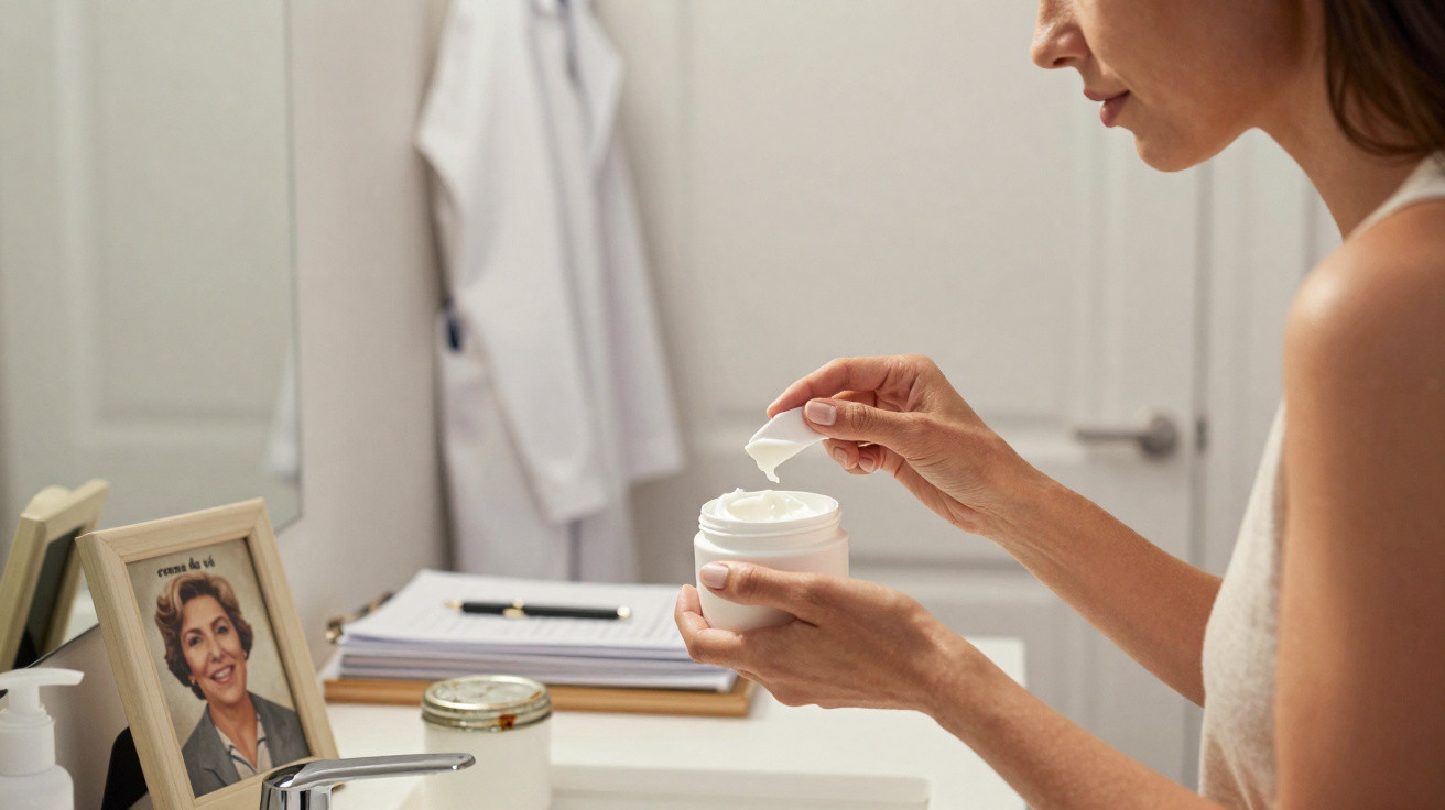 Woman scooping cream from a jar in a bathroom with a framed photo and robe in the background.