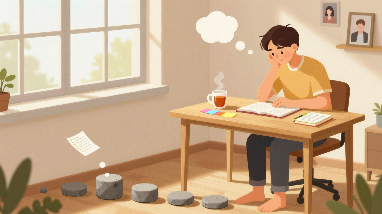 A barefoot young man studying at a desk, distracted, with stones and a flying paper in a sunlit room.