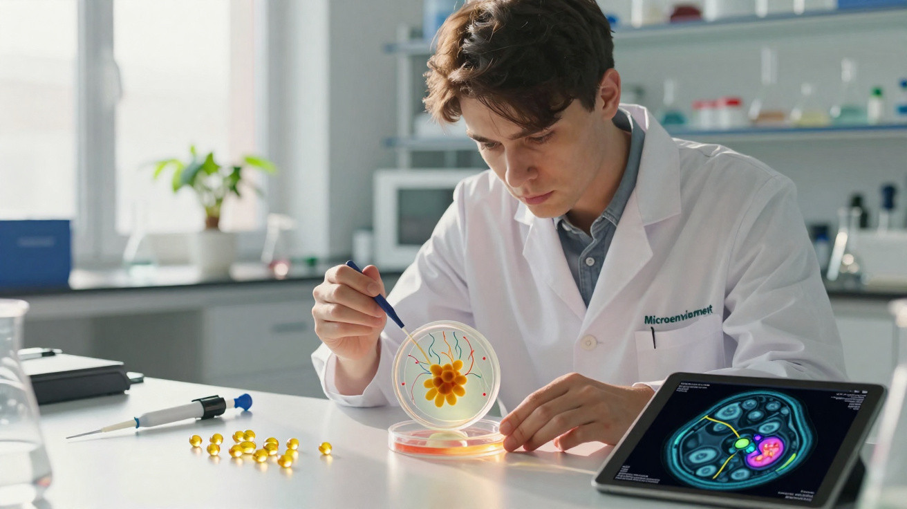 Scientist in lab coat examining petri dish with multicolour bacterial colonies and digital organ scan on tablet.