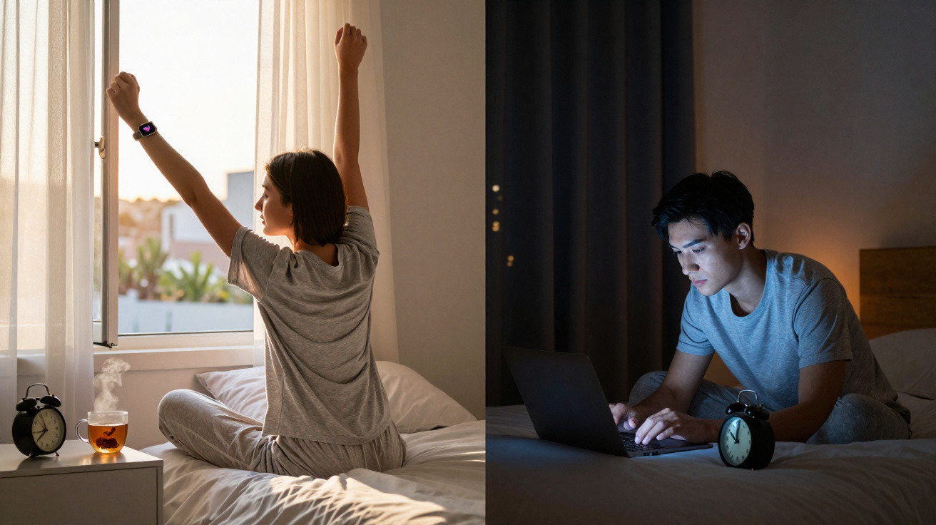 Woman stretching by a window in morning light, man using a laptop on bed at night with an alarm clock nearby