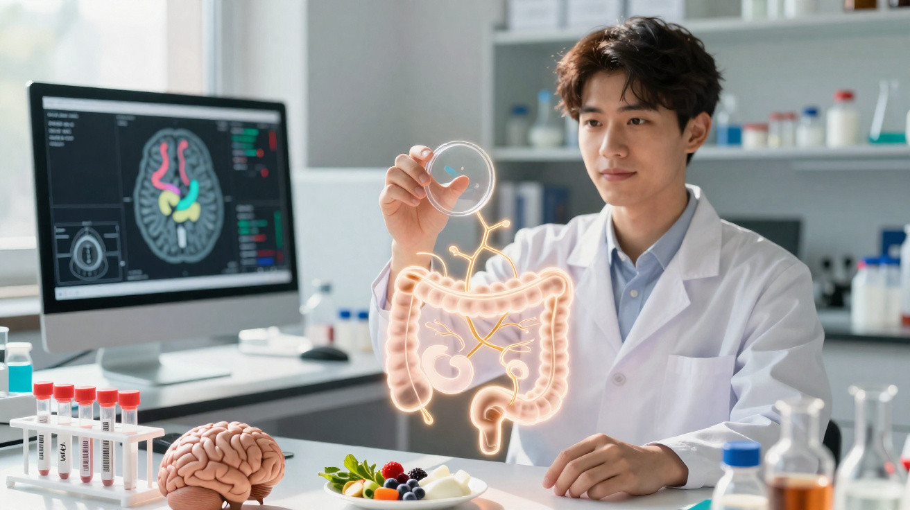 Scientist in lab coat examining digital gastrointestinal tract model with brain model and fruit on table in lab.