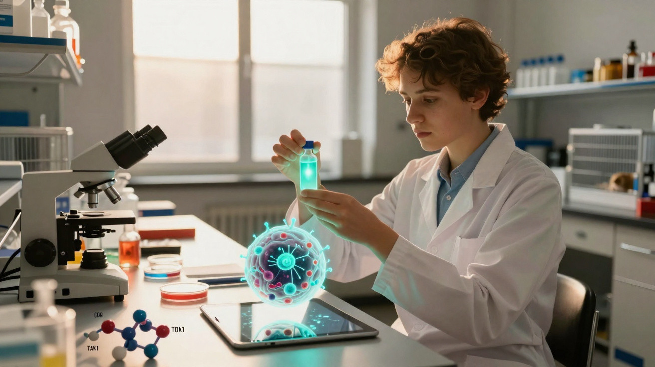 Scientist in a lab coat examining a glowing vial with a digital virus model displayed on a tablet in a laboratory.