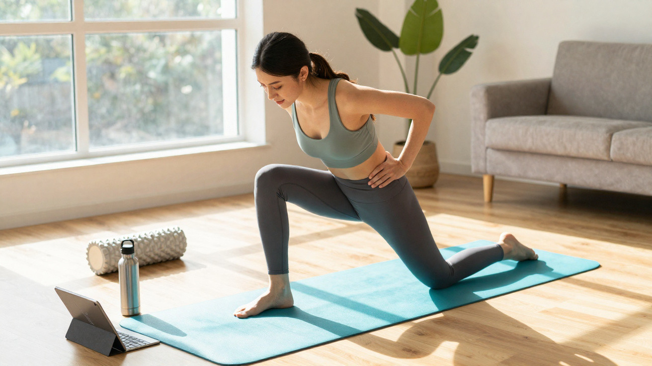 Woman exercising on blue yoga mat in bright living room, following workout on tablet.