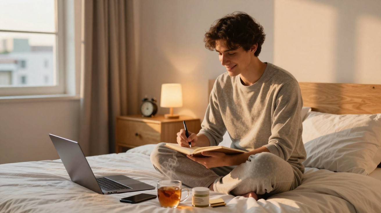 Young man sitting cross-legged on bed, writing in notebook with laptop, tea, and phone nearby in cosy bedroom.