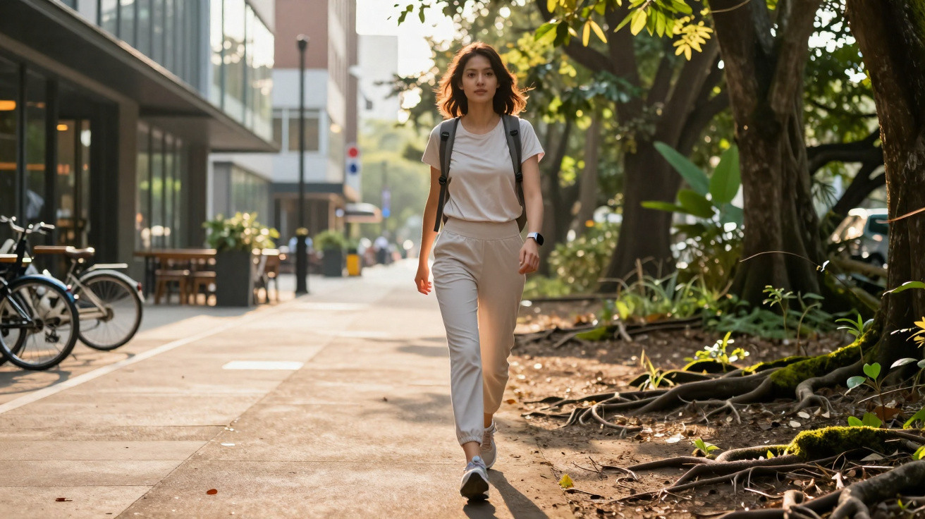 Young woman in casual clothes walking with a backpack along a city sidewalk next to a park in daylight.