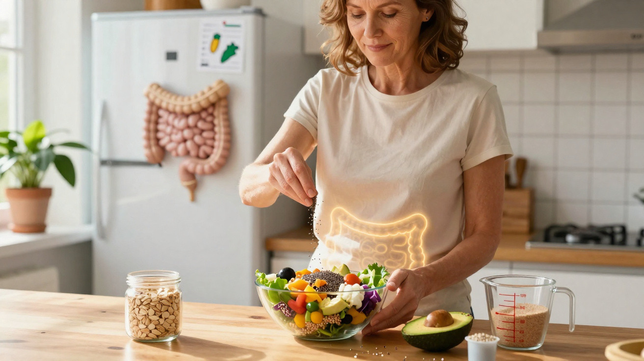 Woman preparing a healthy salad with an illustrated glowing colon in a bright kitchen emphasising gut health.