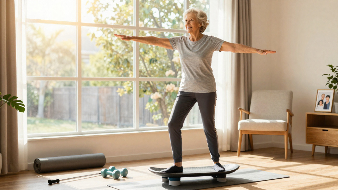 Older woman balancing on a wobble board in a sunlit living room during exercise session.