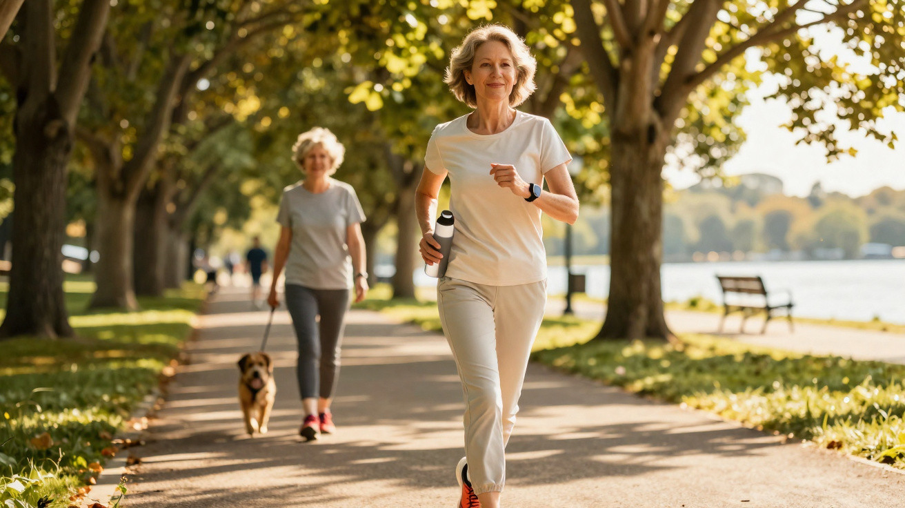 Two elderly women exercising outdoors; one jogging with a water bottle, the other walking a dog along a tree-lined path.