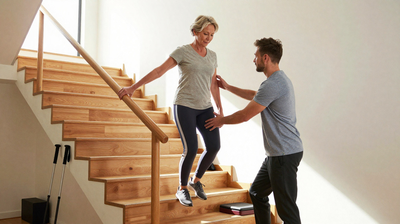 Older woman descending wooden stairs with support from a man in a bright, minimal stairwell.