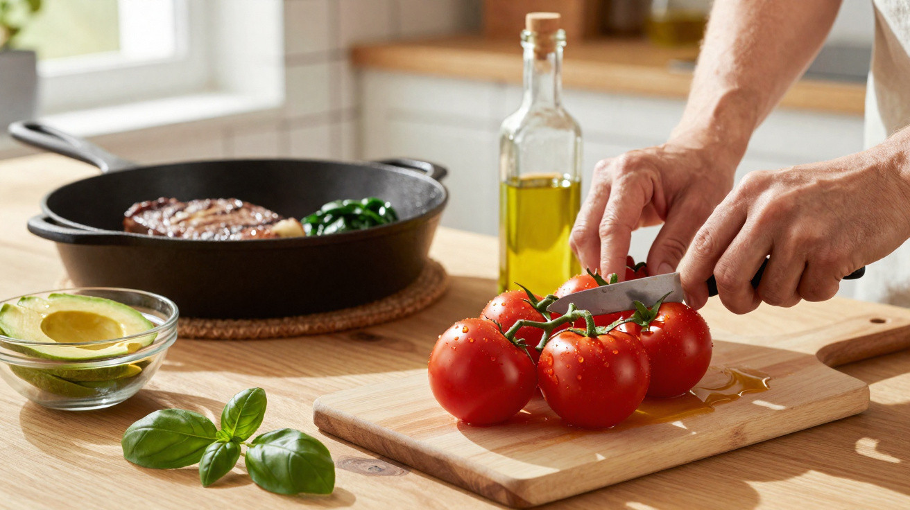 Person slicing fresh vine tomatoes on a wooden board with cooked steak, avocado, basil, and olive oil nearby.