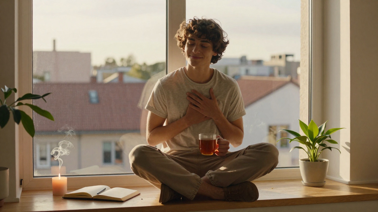 Young person sitting cross-legged on a windowsill holding a cup of tea with eyes closed and hand on chest.