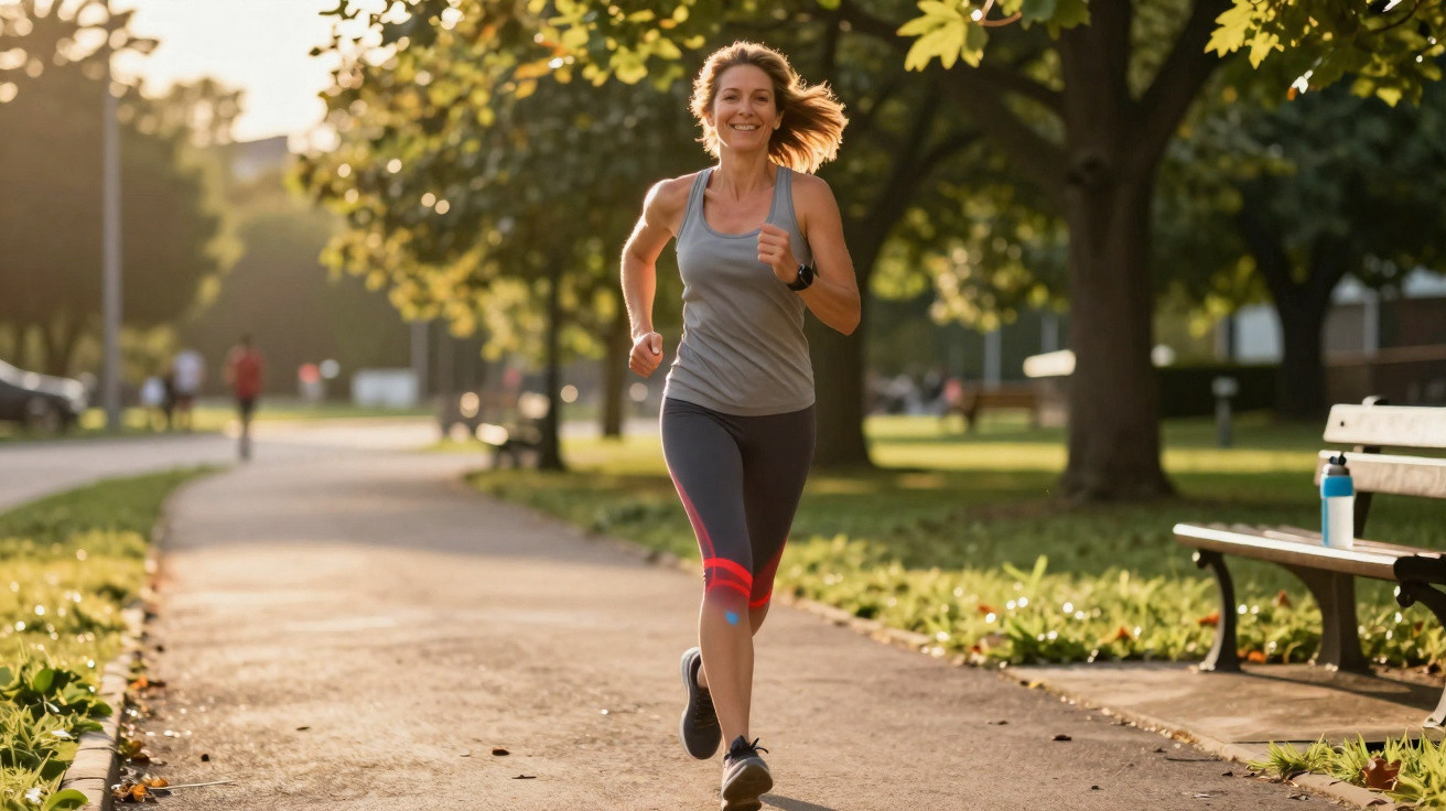 Woman jogging on a sunlit park path in athletic wear with trees and benches in the background.