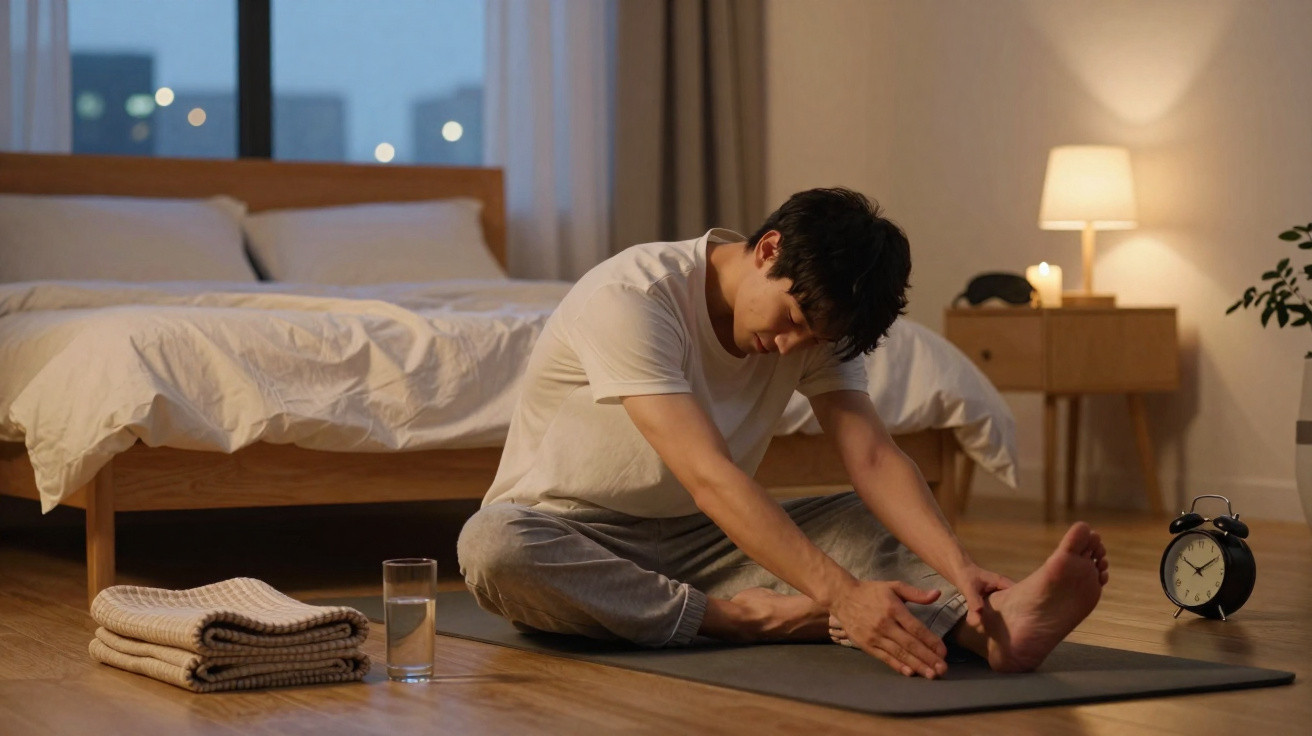 Man in white t-shirt stretching on a yoga mat in a dimly lit bedroom at night.