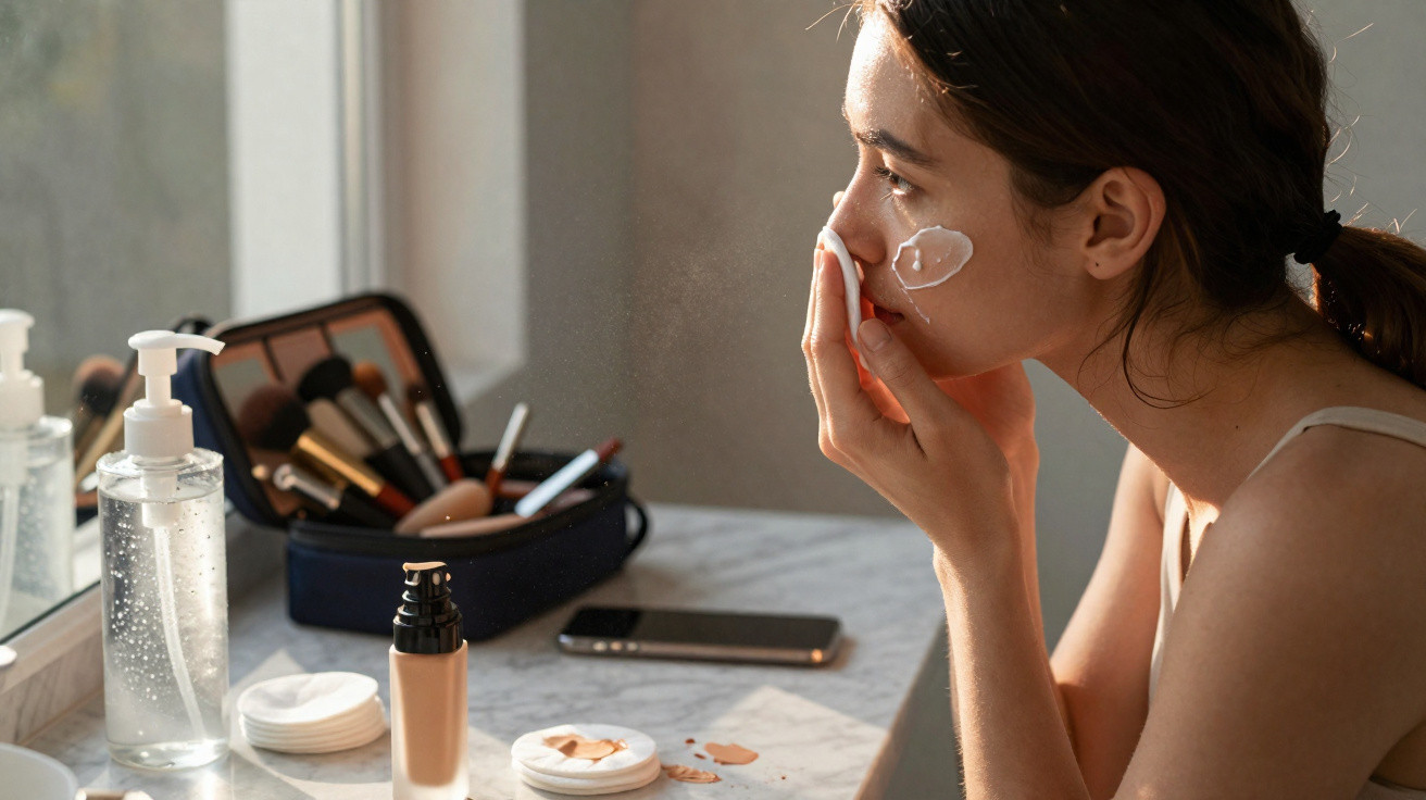 Young woman applying cream to her cheek at a makeup table with brushes and foundation nearby.