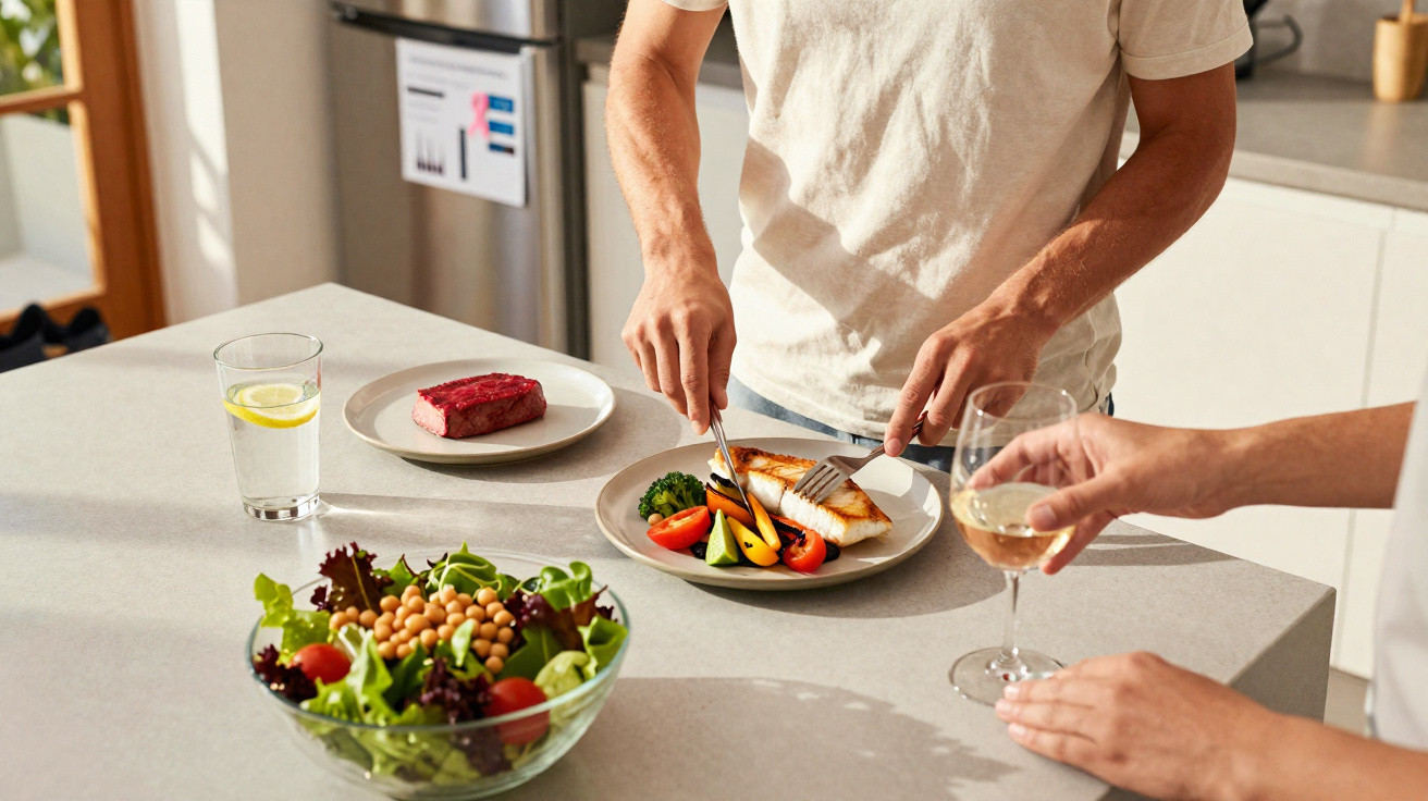 Person cutting grilled chicken with vegetables at kitchen counter, salad bowl and drink nearby.