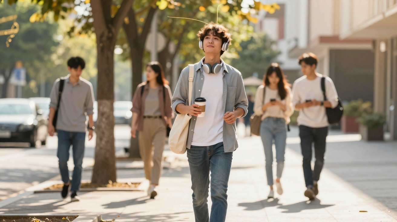 Young man wearing headphones and holding coffee walking on a sunlit city sidewalk with four people in the background.