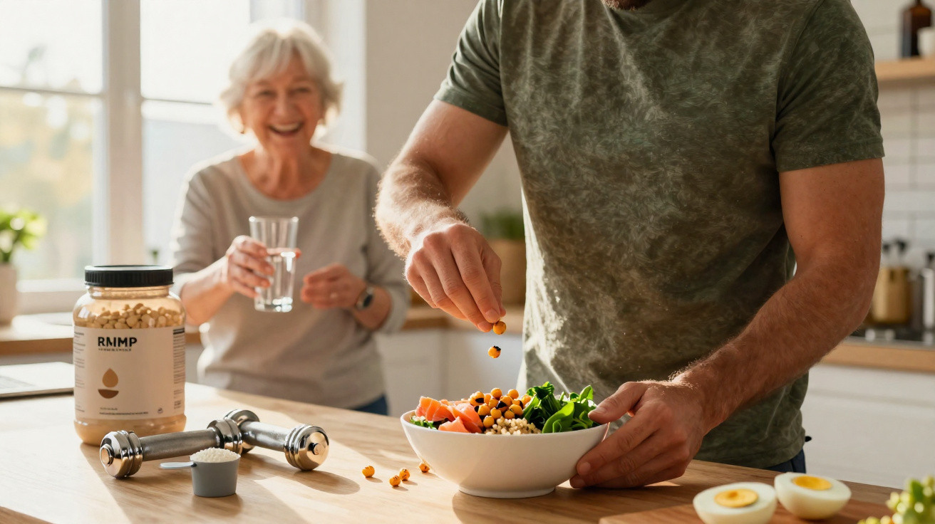 Man adding chickpeas to a bowl of salad with an elderly woman holding a glass of water in a kitchen.