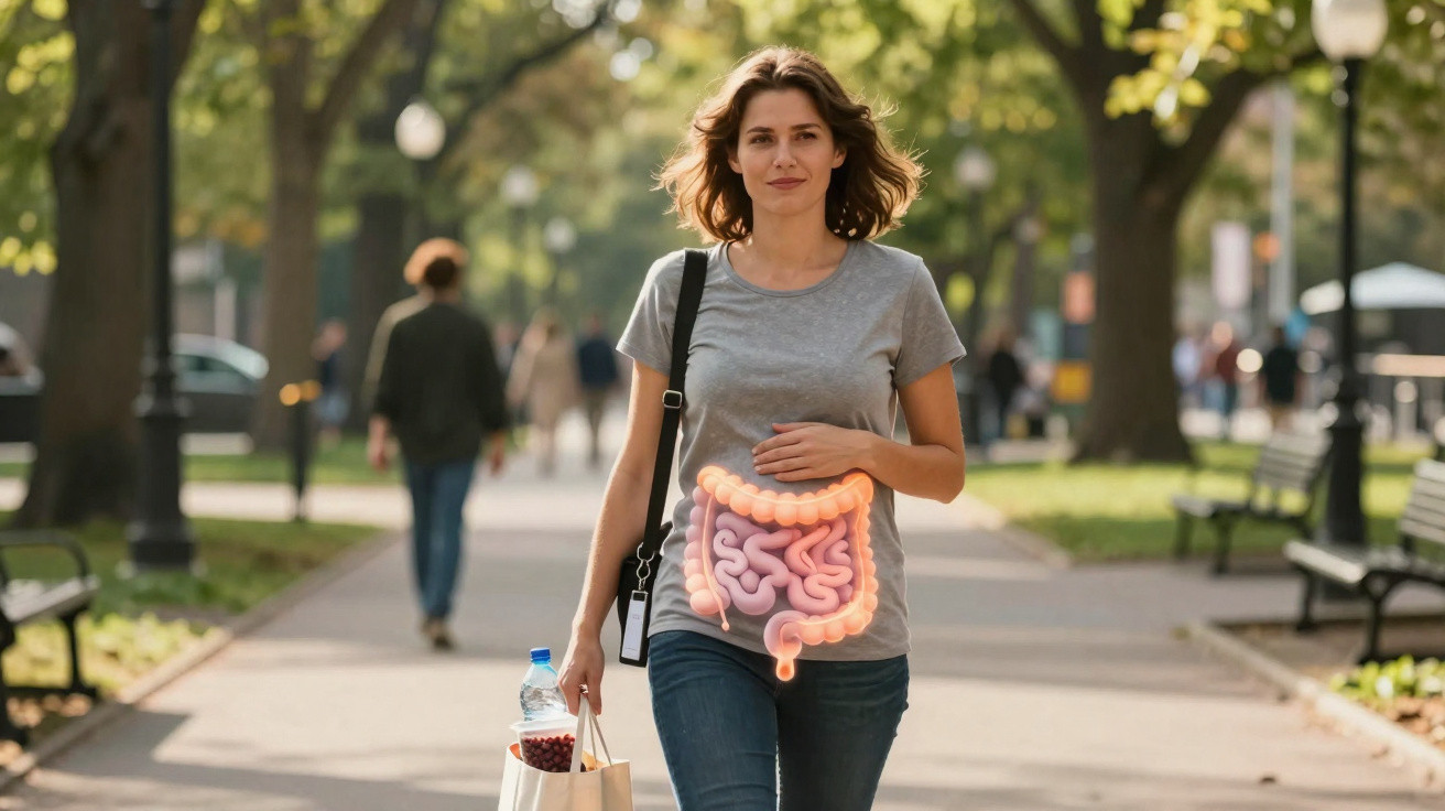 Woman walking in a park with a digital illustration of human intestines over her abdomen on a grey t-shirt.
