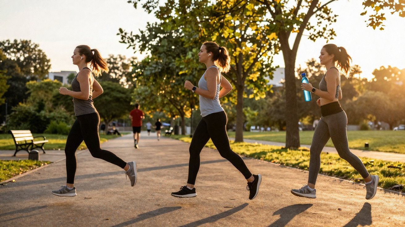 Three women jogging on a tree-lined park path at sunset, one holding a blue water bottle.