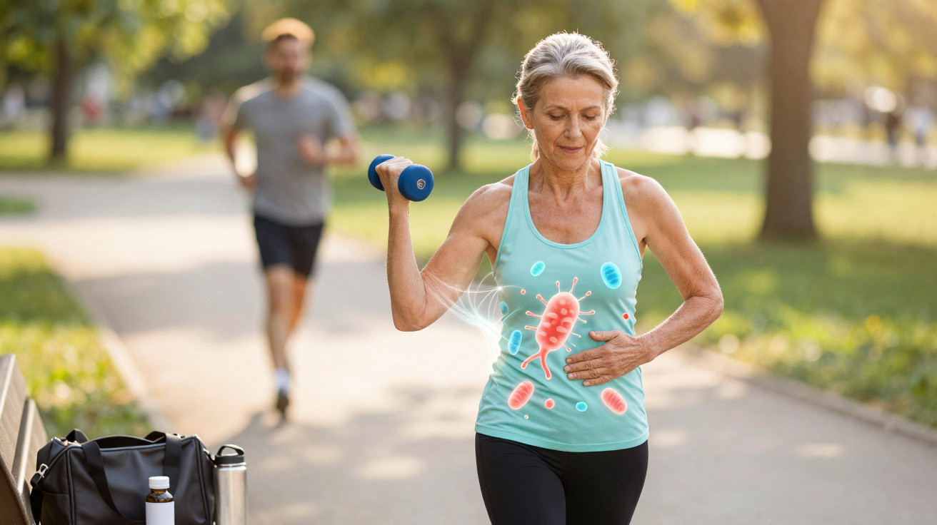 Middle-aged woman exercising outdoors lifting dumbbell with graphic of gut bacteria on her torso.