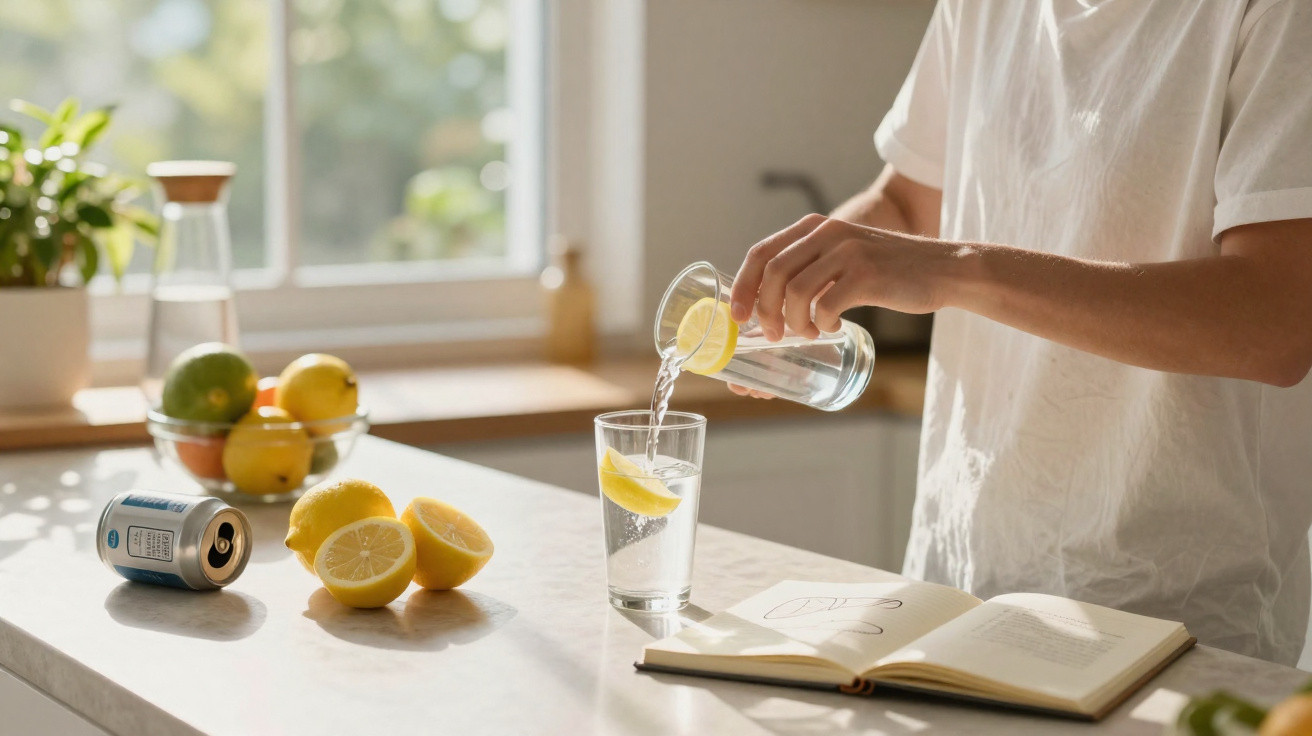Person pouring lemon water into a glass on a kitchen counter with lemons and an open book nearby.