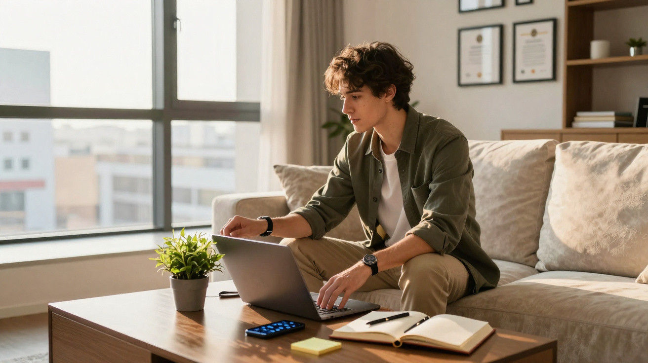 Young man sitting on a sofa working on a laptop at a wooden coffee table with an open notebook and remote control.
