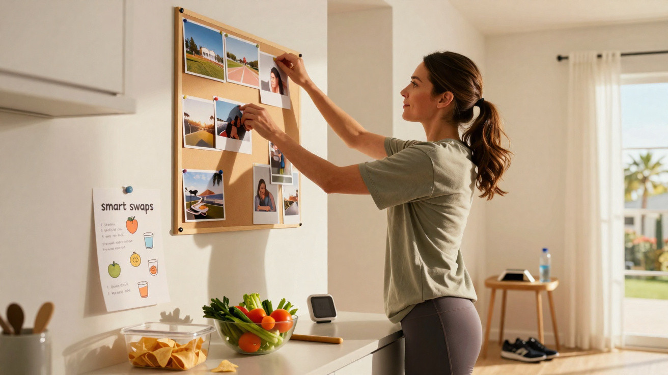 Woman pinning photos on a corkboard in a bright kitchen with fresh vegetables and snacks on the counter.