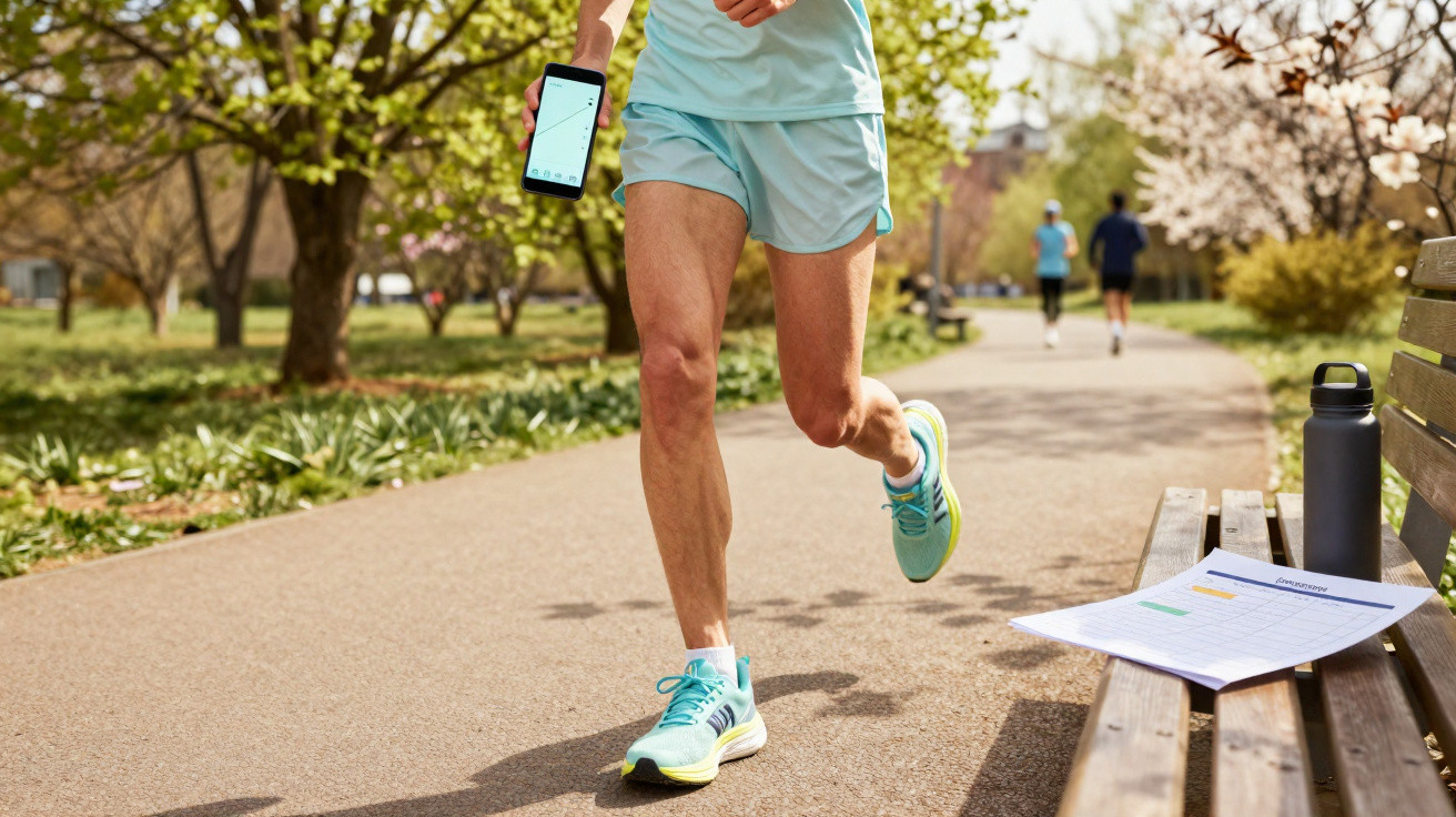 Runner in light blue shorts holding phone runs along park path with fitness tracker on screen and water bottle on bench